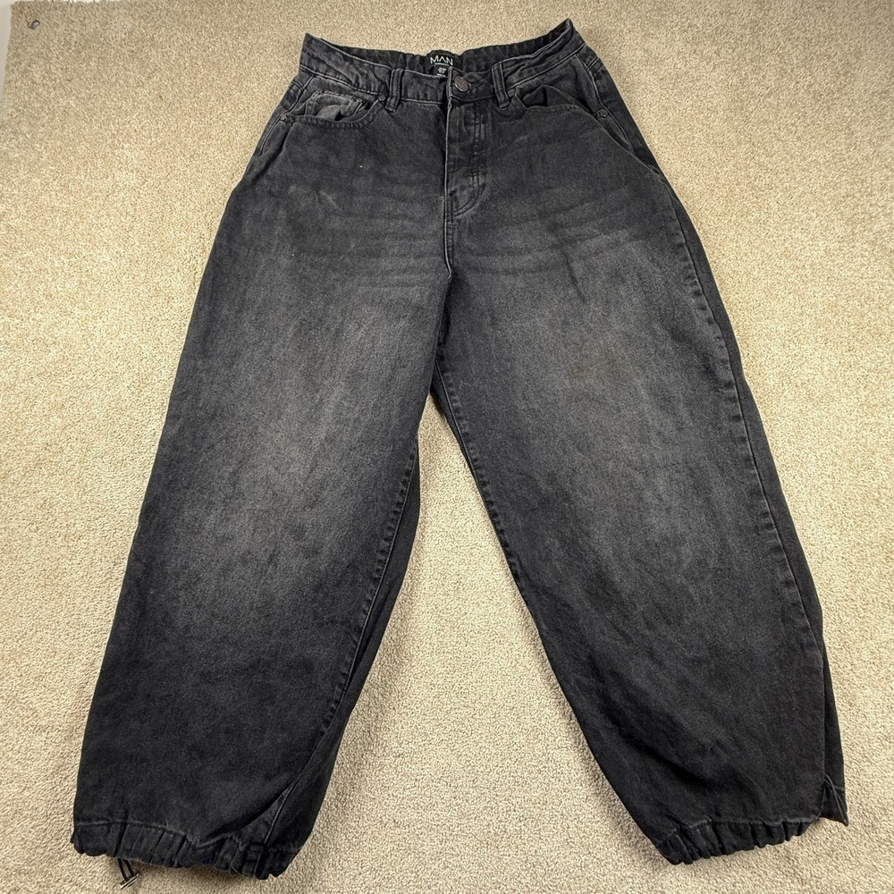 Boohooman Baggy Jeans Mens 28x27 Black Whisker Denim Cotton Drawcord Ankle Logo